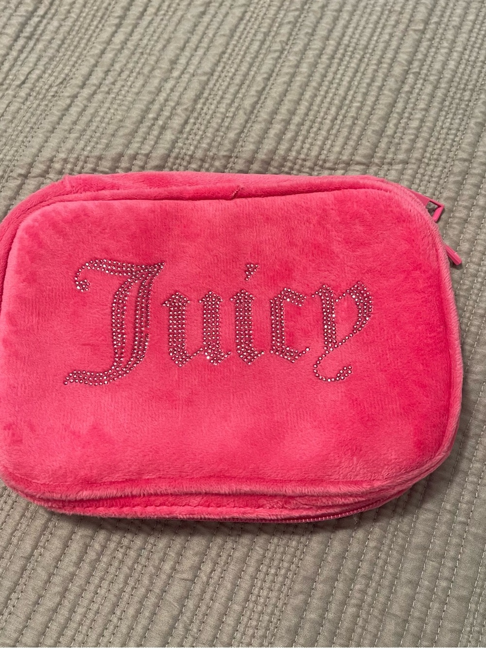 Juicy Couture Hot Pink Plush Cosmetic Pouch with Rhinestone Logo